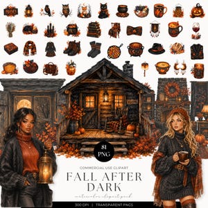 Puede incluir: Una colección digital de 81 elementos clipart en acuarela PNG con temas otoñales como calabazas, linternas, suéteres y una cabaña, con el texto Fall After Dark, Commercial Use Clipart y 300 DPI Transparent PNGs.