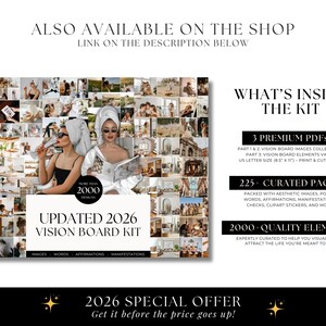 May include: A vision board kit with the text "UPDATED 2026 VISION BOARD KIT". The kit includes 3 premium PDFs, over 225 curated pages, and 2000 quality elements. The image also includes the text "2026 SPECIAL OFFER".