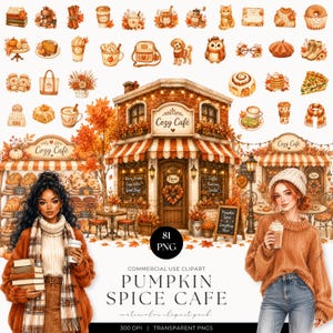 Peut inclure: Une collection numérique de 81 éléments clipart style aquarelle représentant une devanture de Cozy Café, deux personnes en tenue d'automne, et divers articles saisonniers comme des citrouilles, cafés, pâtisseries et feuillages d'automne.
