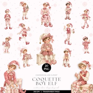 Puede incluir: Una colección de veinte ilustraciones en acuarela que muestran elfos con atuendos festivos de color rosa y blanco, incluyendo gorros, chalecos y pantalones estampados. El texto dice 20 PNG, COMMERCIAL USE CLIPART, COQUETTE BOY ELF, watercolor clipart pack, 300 DPI, TRANSPARENT PNGS.