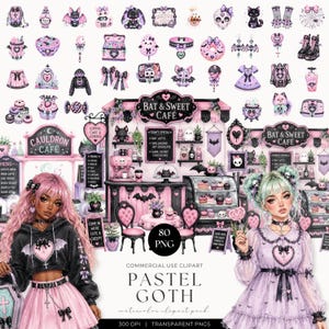 Pastellgoths Kokett Estetik Par Gotisk Halloween Mode Mörk Gotisk Romantik Akvarell Illustrerad Spöklik Säsong Bundle PNG
