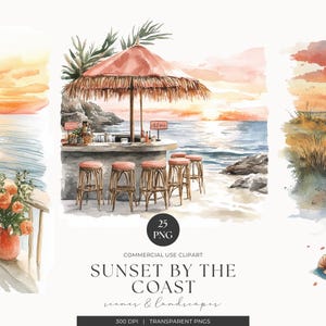 Summer Beach Watercolor Landscape Illustration, Tropical Clipart, Sunset Vacation Travel PNG, Summer PNG, Junk Journal Pages, Commercial Use