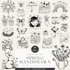 Spring Cottagecore Clipart-paket PNG Handritade linjer Doodle Clipart-paket Coquette Junk Journal Utskrivbar Line Art SVG Kommersiellt bruk