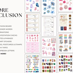 May include: A selection of digital stickers, travel postcards, washi tapes, scrapbook letters, and more. The image features designs like butterflies, flowers, passport stamps, and LGBTQ+ pride graphics. Text includes "MORE INCLUSION" and a list of items.