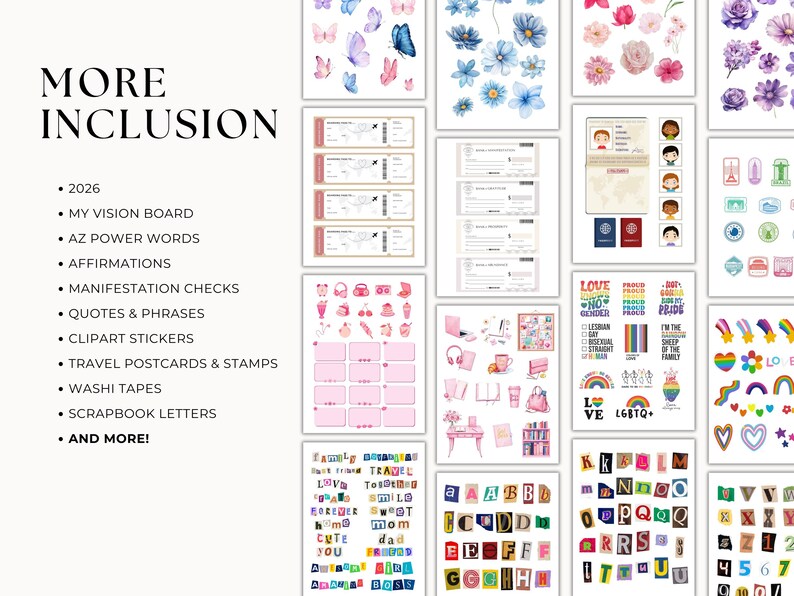 May include: A selection of digital stickers, travel postcards, washi tapes, scrapbook letters, and more. The image features designs like butterflies, flowers, passport stamps, and LGBTQ+ pride graphics. Text includes "MORE INCLUSION" and a list of items.