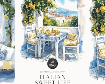 Ilustración de acuarela de paisaje mediterráneo de verano, limones y azulejos, vista de la playa de Amalfi, Sicilia, Italia, PNG, revista basura, uso comercial