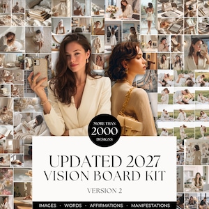 Op de afbeelding: Een digitale vision board kit met een collage van lifestyle-afbeeldingen, inclusief een centrale afbeelding met de tekst: MORE THAN 2000 DESIGNS, UPDATED 2027 VISION BOARD KIT, VERSION 2, IMAGES, WORDS, AFFIRMATIONS, MANIFESTATIONS.