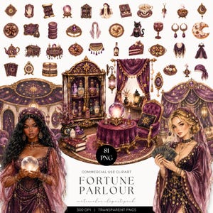May include: A digital collection of 81 PNG watercolor clipart elements titled Fortune Parlour, featuring mystical themes like crystal balls, tarot cards, ornate furniture, potions, and two figures in purple attire, all set against a white background.