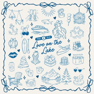 May include: A collection of blue line art illustrations on a light background featuring lake-themed icons like a boat, kayak, mountains, pine tree, anchor, life ring, swimsuit, sunglasses, and the text Love on the Lake with PNG 81 SVG labels.