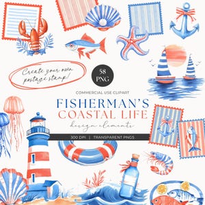 Fisherman Aesthetic Watercolor Clipart Set, Coastal Nautical Sardine Clipart, Sailor Graphics, Vintage Beach, Junk Journal, Commercial Use