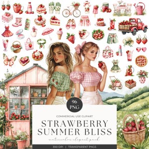 Strawberry Watercolor Clipart Set, Summer Clipart, Springtime Clipart, Cottage, Junk Journal, Digital Stickers, Scrapbooking, Commercial Use