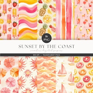 Summer Beach Digital Paper, Summer Vacation Girl Seamless File, Tropical Sunset Background, Junk Journal Pages, Scrapbook, Commercial Use