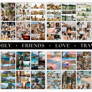 May include: A photo collage featuring the words "FAMILY, FRIENDS, LOVE, TRAVEL" on a black banner. The images show people, places, and moments, including couples, groups, and scenic landscapes. The photos are arranged in a grid.