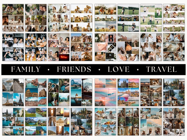 May include: A photo collage featuring the words "FAMILY, FRIENDS, LOVE, TRAVEL" on a black banner. The images show people, places, and moments, including couples, groups, and scenic landscapes. The photos are arranged in a grid.