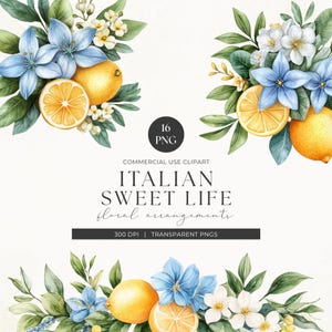 Clipart floreale ad acquerello mediterraneo, bouquet floreale di limoni della Sicilia, Italia, Amalfi, invito di nozze, diario di viaggio, uso commerciale