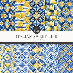 Clipart aquarelle été méditerranéen, citrons & carreaux modèle sans couture, Sicile Italie Amalfi, jaune bleu blanc Junk Journal usage Commercial