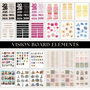 May include: A selection of vision board elements, including stickers with the year 2026, text labels, floral designs, washi tape, and travel-themed illustrations. The text "VISION BOARD ELEMENTS" is displayed.
