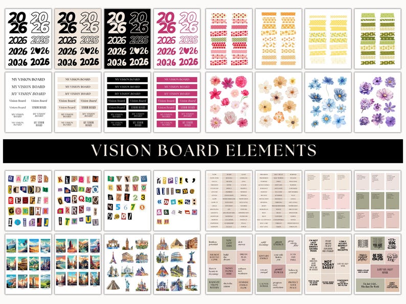 May include: A selection of vision board elements, including stickers with the year 2026, text labels, floral designs, washi tape, and travel-themed illustrations. The text "VISION BOARD ELEMENTS" is displayed.
