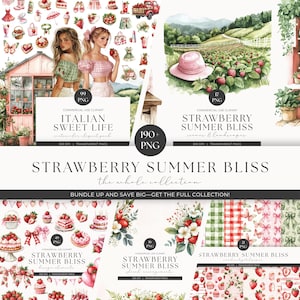 Strawberry Watercolor Clipart Set, Floral Bouquet, Landscape View, Coquette Strawberry Cottagecore PNG, Invitation Junk Journal Scrapbook