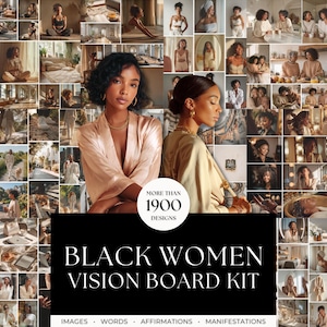 May include: A vision board kit featuring a collage of numerous photographs of Black individuals in various lifestyle settings, including wellness, home, and social scenes, with the text MORE THAN 1900 DESIGNS BLACK WOMEN VISION BOARD KIT.