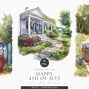 Ilustración de paisaje en acuarela del 4 de julio, clipart del Día de la Independencia de EE. UU., PNG patriótico, PNG de verano, diario basura, uso comercial