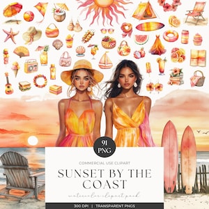 Zomer strand aquarel clipart set, vakantie reizen meisje png, tropische zonsondergang, kust strandvakantie png, junk journal, commercieel gebruik