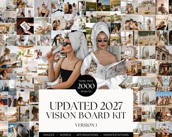 Op de afbeelding: Een digitale collage van lifestyle-foto's met mensen in diverse omgevingen, waaronder spa-scènes, reizen en interieurs. De centrale tekst luidt: MORE THAN 2000 DESIGNS, UPDATED 2027 VISION BOARD KIT, VERSION 1, IMAGES, WORDS, AFFIRMATIONS, MANIFESTATIONS.