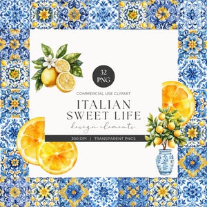 Mediterranean Summer Watercolor Clipart, Lemons & Tiles, Sicily Italy Amalfi, Coastal Beach, Junk Journal, Digital Stickers, Commercial Use