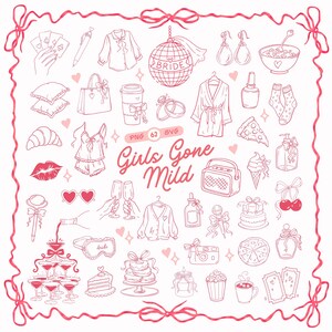 May include: A collection of pink line art illustrations featuring a disco ball with the text 'BRIDE', a robe, pyjamas, a champagne tower, a pizza slice, a camera, and the text 'Girls Gone Mild' centred within a decorative ribbon border.