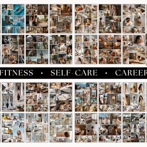 May include: A montage of images themed around fitness, self-care, and career. The photographs depict individuals in diverse scenarios, such as exercise, relaxation, and professional work. The text "FITNESS &bull; SELF-CARE &bull; CAREER" is displayed across the image.