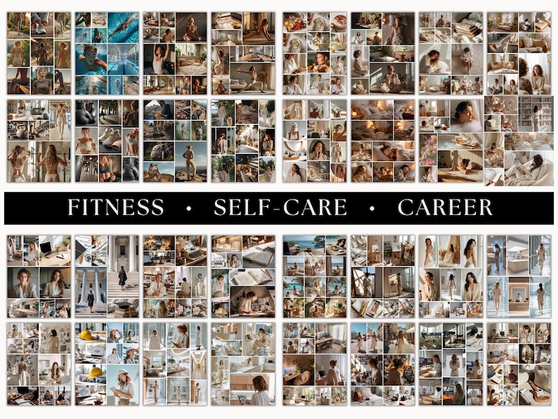 May include: A montage of images themed around fitness, self-care, and career. The photographs depict individuals in diverse scenarios, such as exercise, relaxation, and professional work. The text "FITNESS &bull; SELF-CARE &bull; CAREER" is displayed across the image.