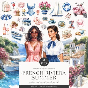 Set di clipart ad acquerello estivo costiero, clipart estivo francese, PNG di vacanze al mare nautiche, clipart rosa e blu, diario di spazzatura, uso commerciale