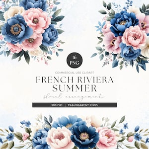 Clipart floreale ad acquerello estivo costiero, bouquet francese, PNG rosa e blu, invito di nozze, diario spazzatura, adesivi digitali, uso commerciale