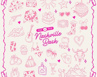Nash Bash Bachelorette Last Rodeo Party Disco Cowgirl Western Nashville Bachelorette PNG SVG Handritad nyckfull Doodles Clipart