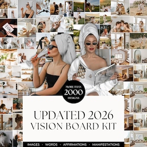 Pode incluir: Uma colagem de imagens com o texto "UPDATED 2026 VISION BOARD KIT". A imagem apresenta duas mulheres, uma com uma taça de champanhe e a outra lendo uma revista. O kit inclui imagens, palavras, afirmações e manifestações.