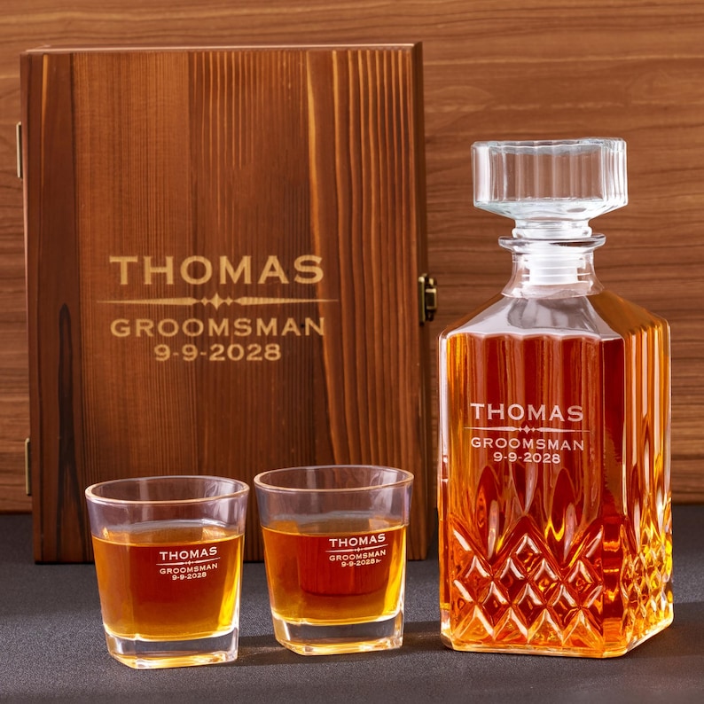 Personalized Whiskey Decanter Set, Custom Wooden Box, Groomsmen Gift ...