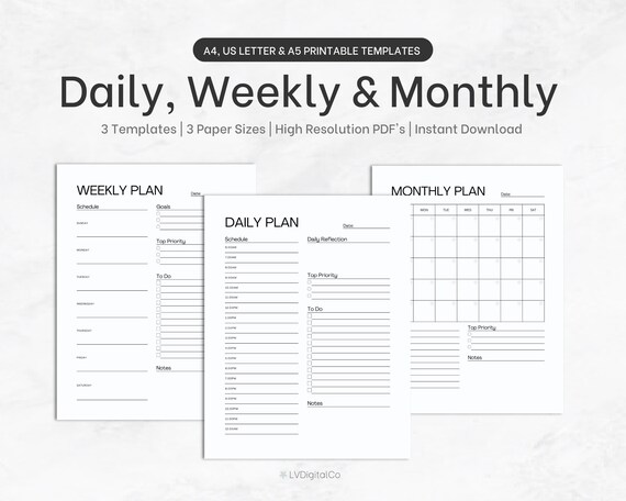 Daily Weekly Monthly Schedule Templates Printable Schedule - Etsy