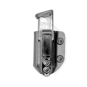 May include: A black polymer magazine holster with a silver magazine inside. The holster has four screws on the side.