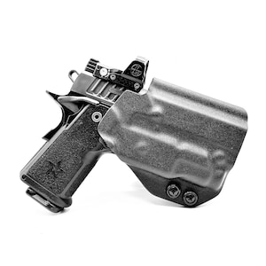 May include: A black handgun with a black holster. The handgun has a red dot sight and a textured grip. The holster has two black screws on the bottom.