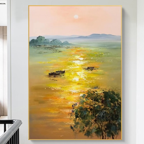 Original Small Fishing Boat shops Painting on Canvas,Sunset on the Sea Oil Painting,Impressionist Art, Abstract Landscape Oil Painting,Boho Art