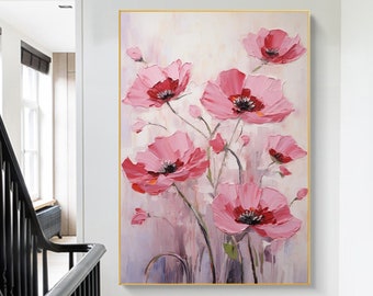 Original Pink Flower Oil Painting On Canvas,Flower Textured Wall Art,Floral Abstract Painting,Modern Custom Painting,Boho Wall Decor