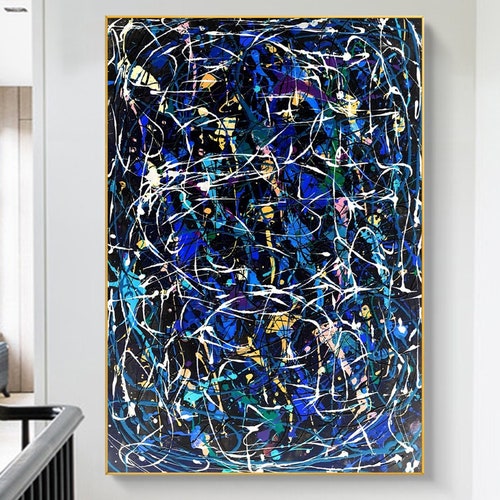 Large Abstract Painting,Blue Geometric Line Textured Painting,Dark Blue Abstract Art,Contemporary Art,Sofa Wall Art,Modern order Abstract Painting