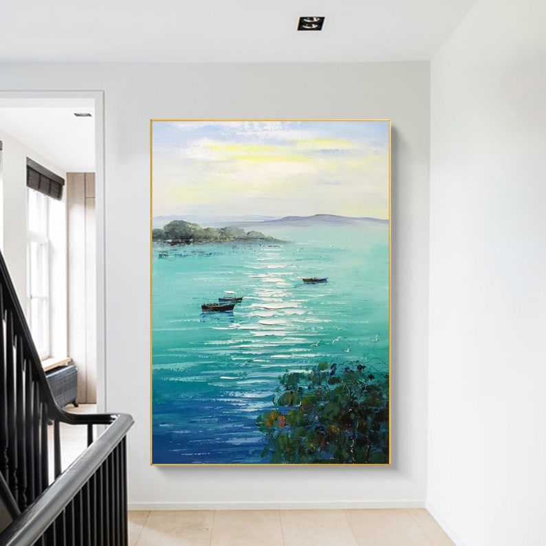 Large shops Seaside Fishing Boat Painting,Impressionist Artwork,Modern Canvas Wall Art,Original Harbor Landscape Painting,Living Wall Room Decor