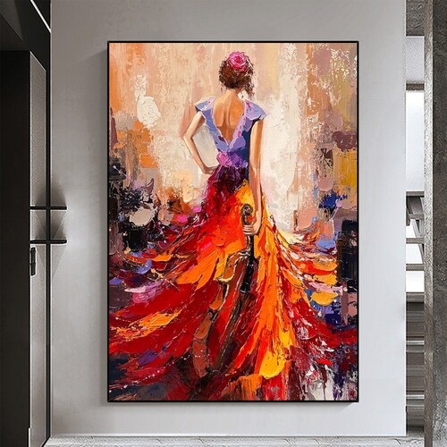 lady in red dress painting Original Impasto Elegant Woman a Flowing Texture on Cavnas Mike Wehner Art Order now and enjoy tranquility with each stroke. Girl in Red Dress |
