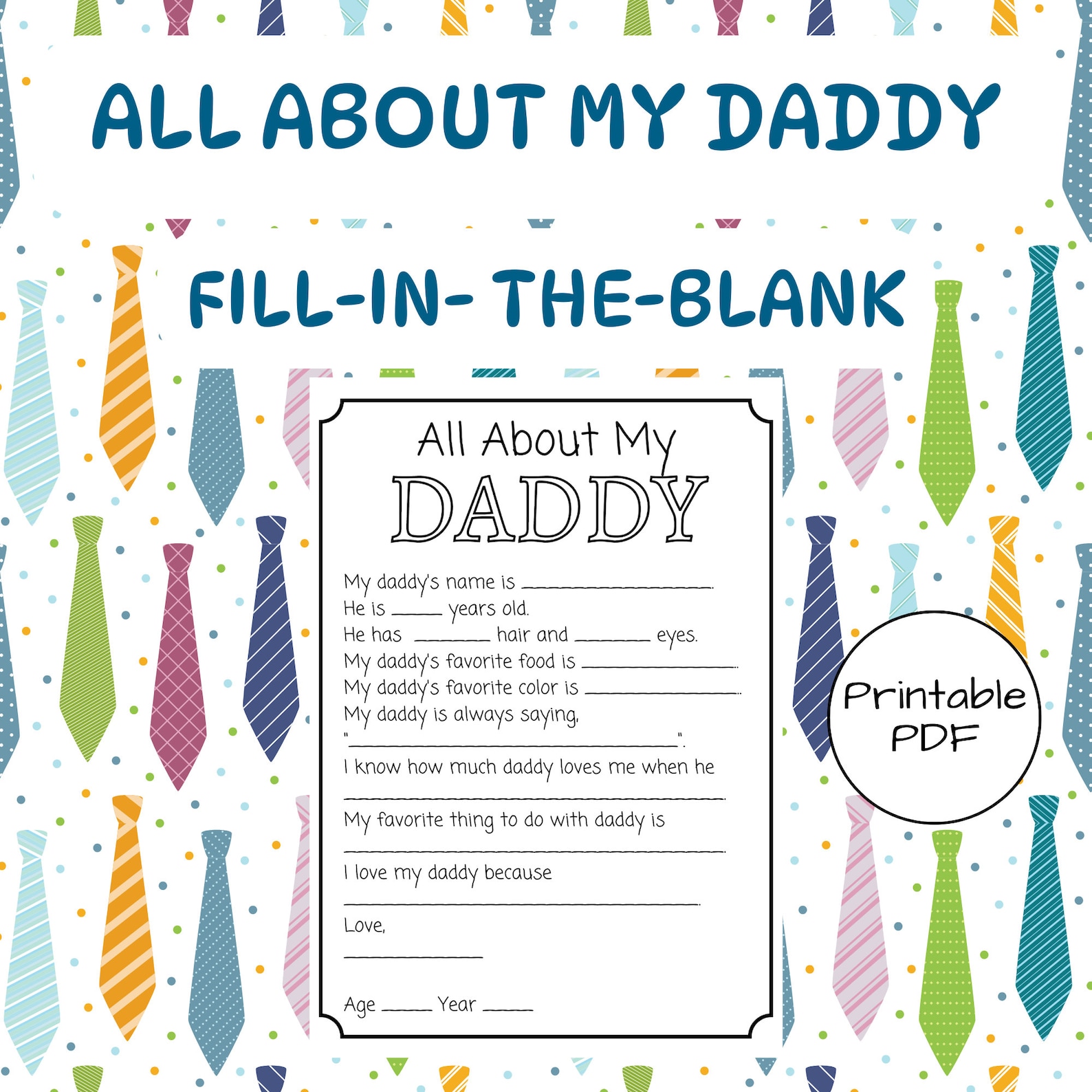 All About Daddy Printable / Father's Day Gift / Father's Day ...
