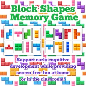 May include: A colorful memory game featuring block shapes. The game includes cards with various block configurations in blue, pink, green, orange, purple, red, and yellow. Text on the image reads "Block Shapes Memory Game" and "Support early cognitive development while providing screen-free fun at home or in the classroom!"