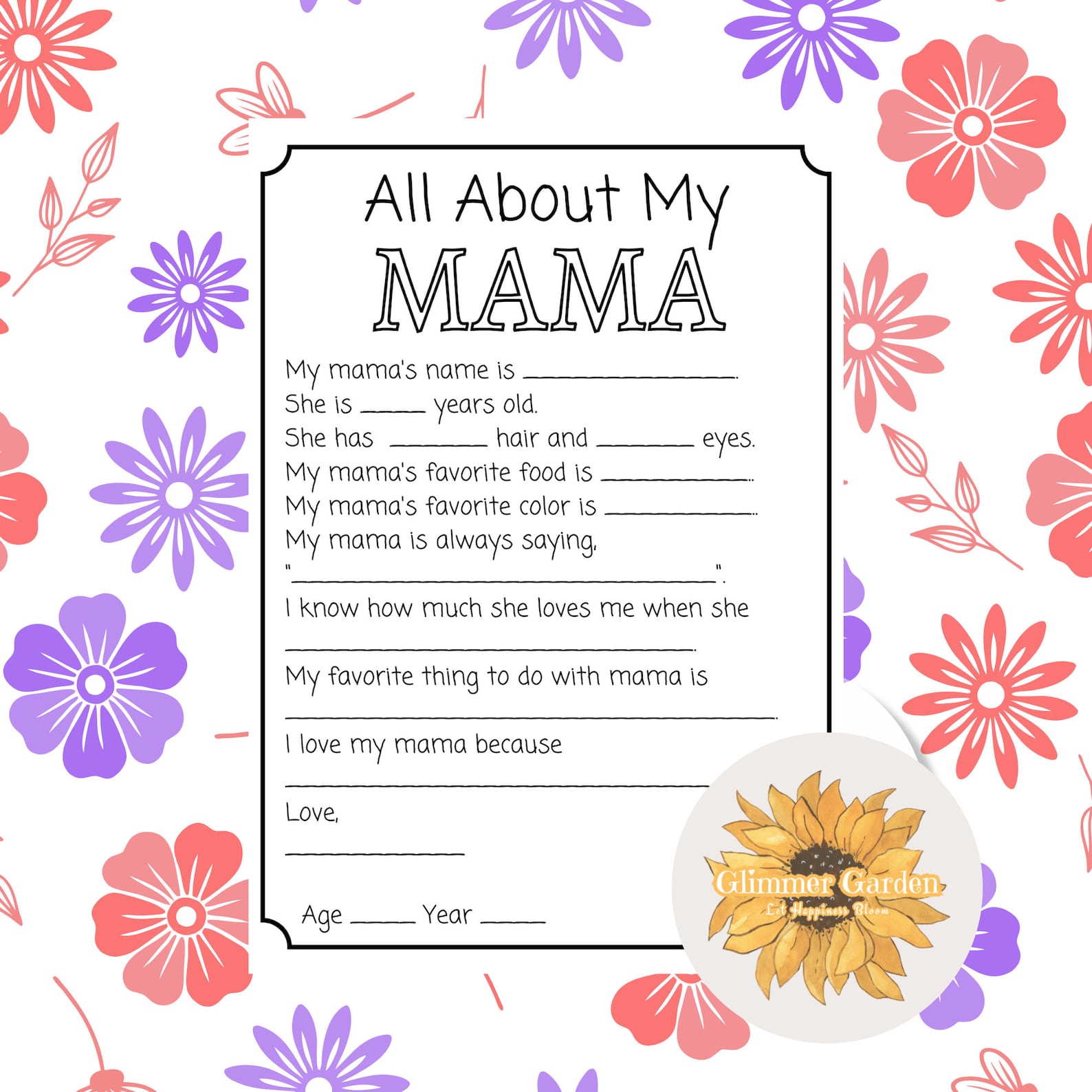Mama Printable / Mother's Day Gift / Mother's Day Questionnaire ...