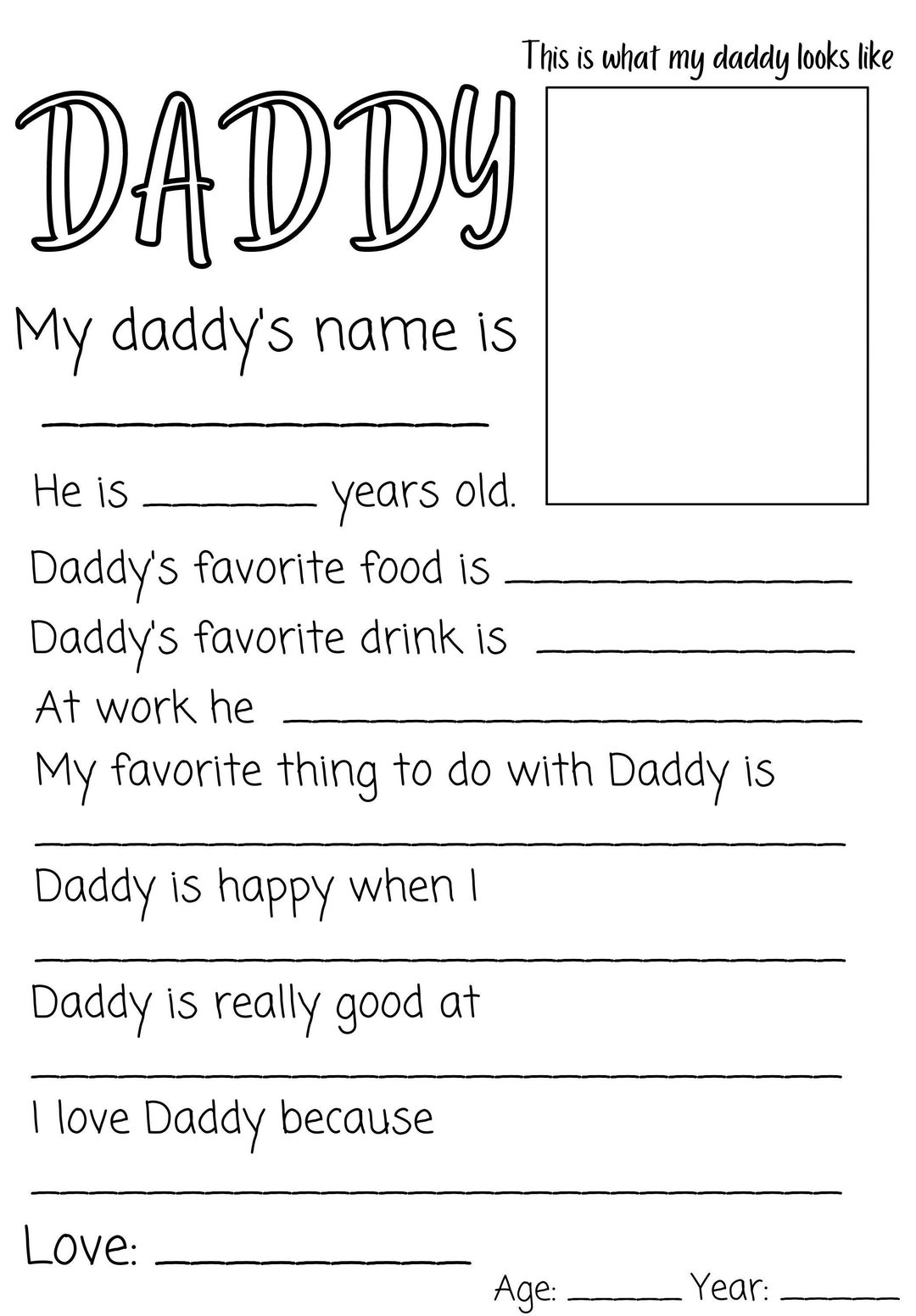 Daddy Printable / Father's Day Gift / Father's Day Questionnaire ...