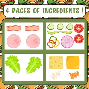May include: A colorful illustration of ingredients for a sandwich. The ingredients include bacon, ham, lettuce, cheese, avocado, cucumber, tomato, onion, and mayonnaise. The text "4 Pages of Ingredients!" is at the top of the image.