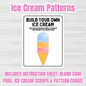 Set di modelli di gelato stampabili: 16 divertenti schede con modelli, 8 cucchiai per gusti, cono vuoto e istruzioni: attività di apprendimento creativo!